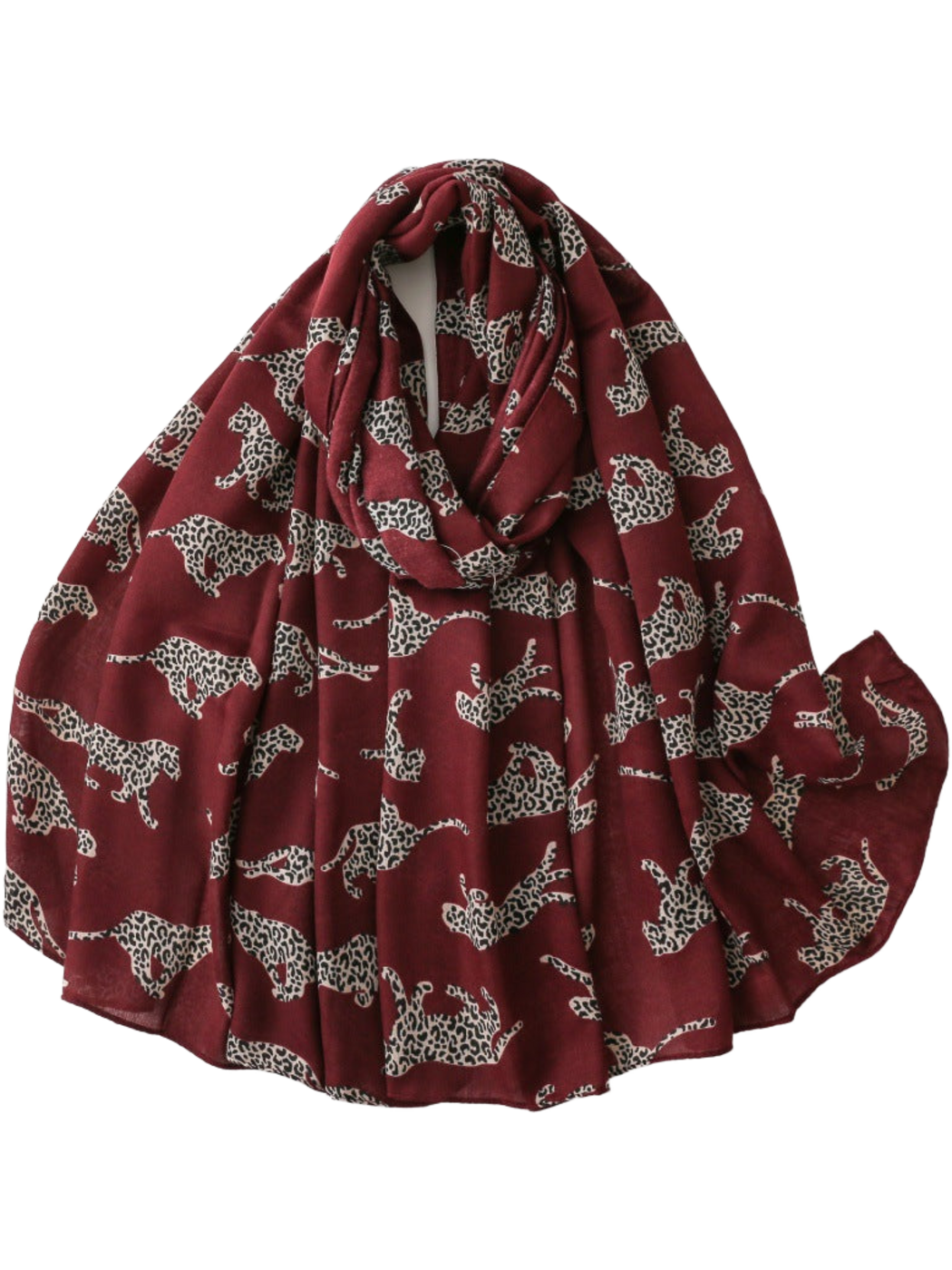 Burgundy scarf with repeating leopard silhouettes, loosely looped