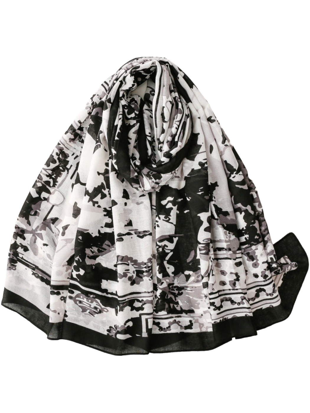 Black floral and abstract print scarf with a broad black border, draped view