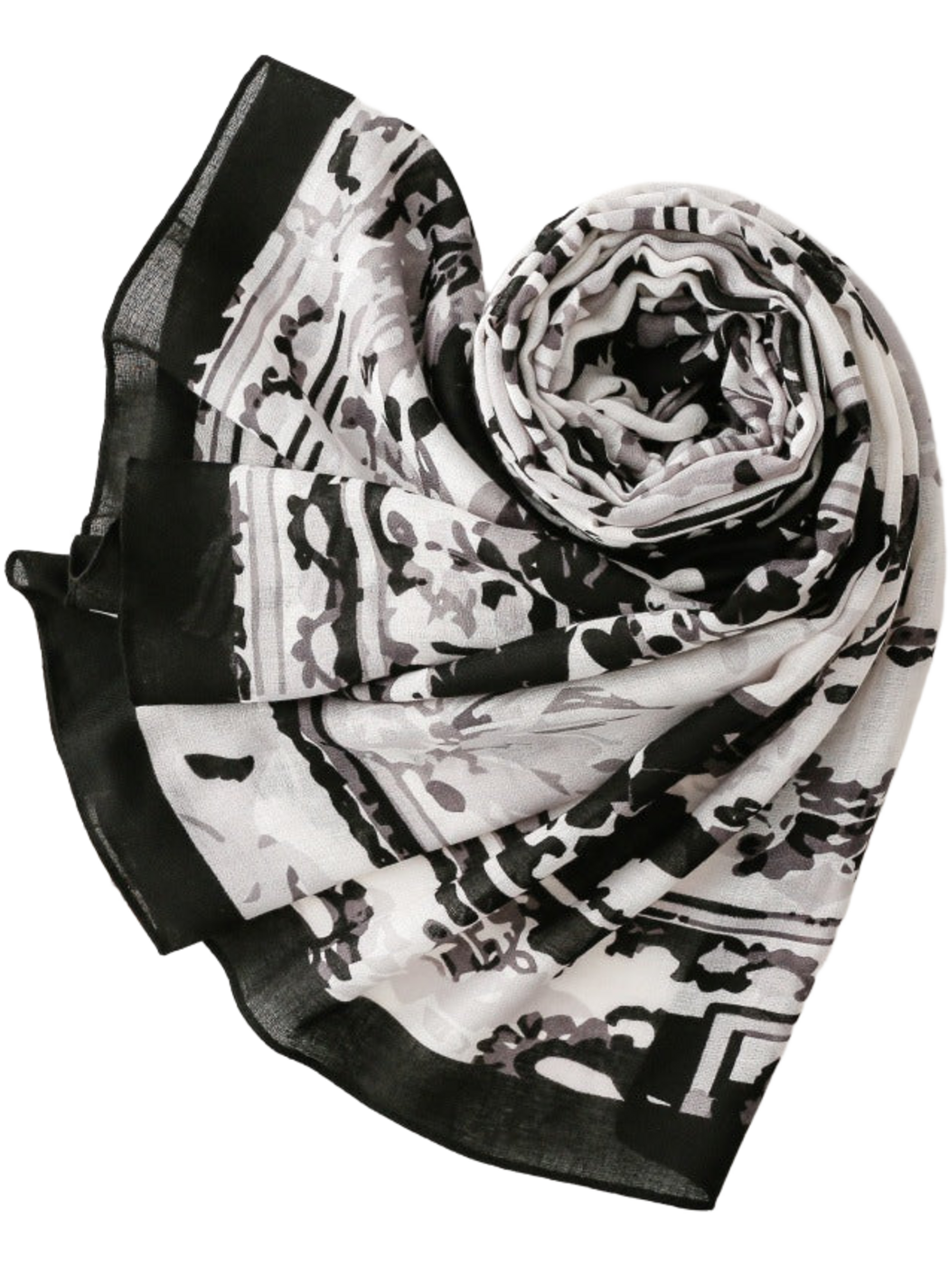 Black, gray and white floral scarf arranged in a spiral with its black border visible
