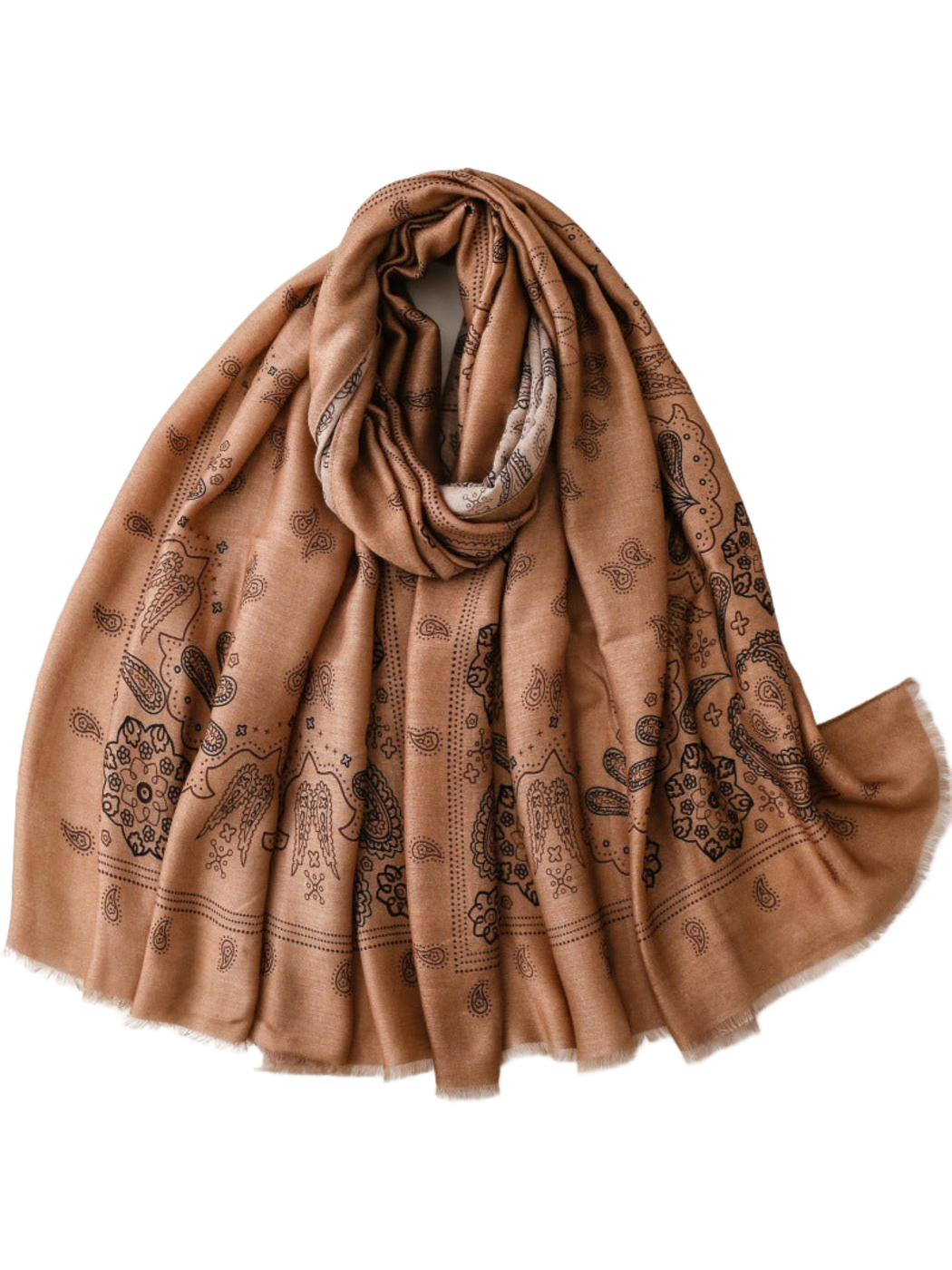 Camel scarf with paisley and floral motifs, looped display