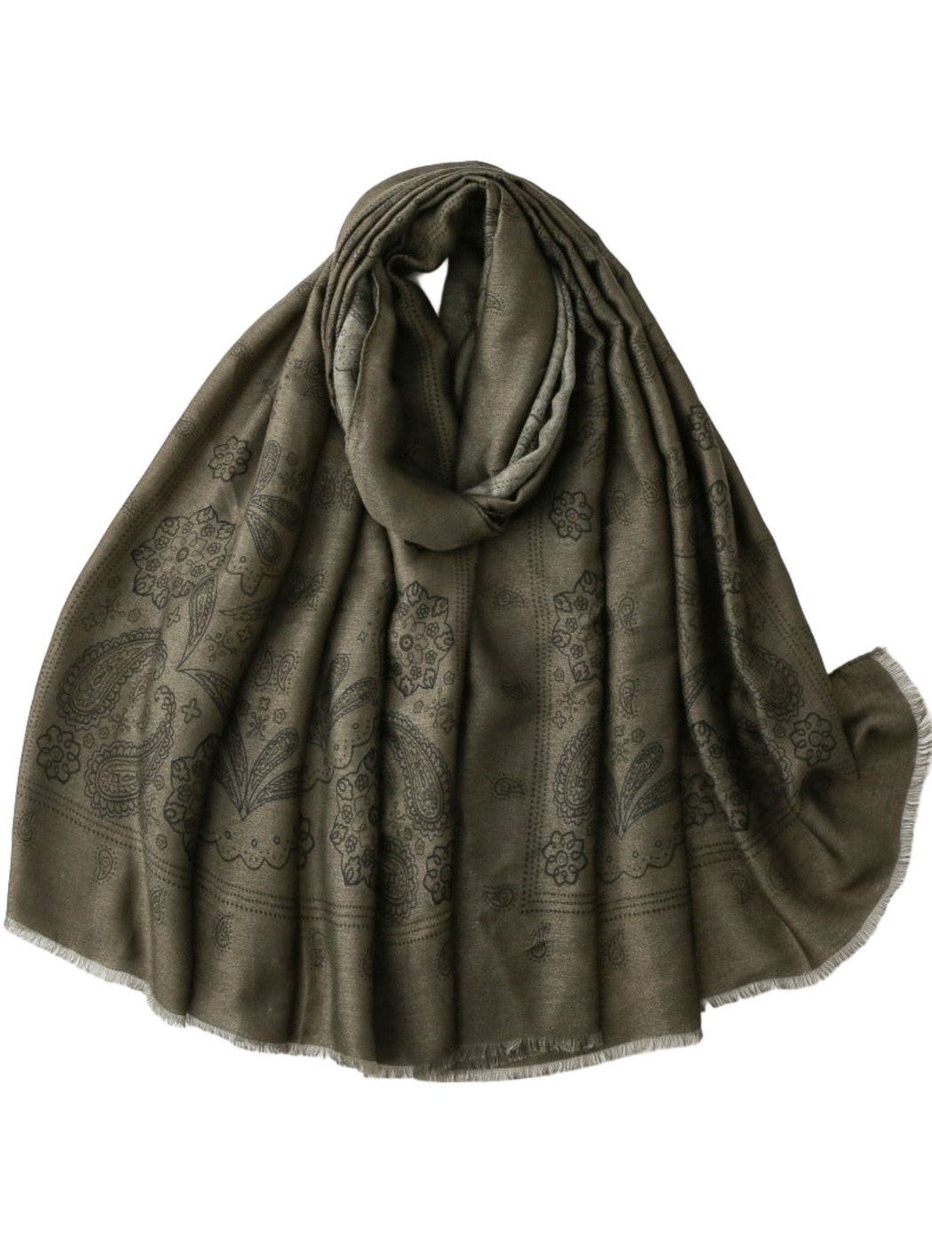 Green scarf with dark paisley and floral motifs, looped display