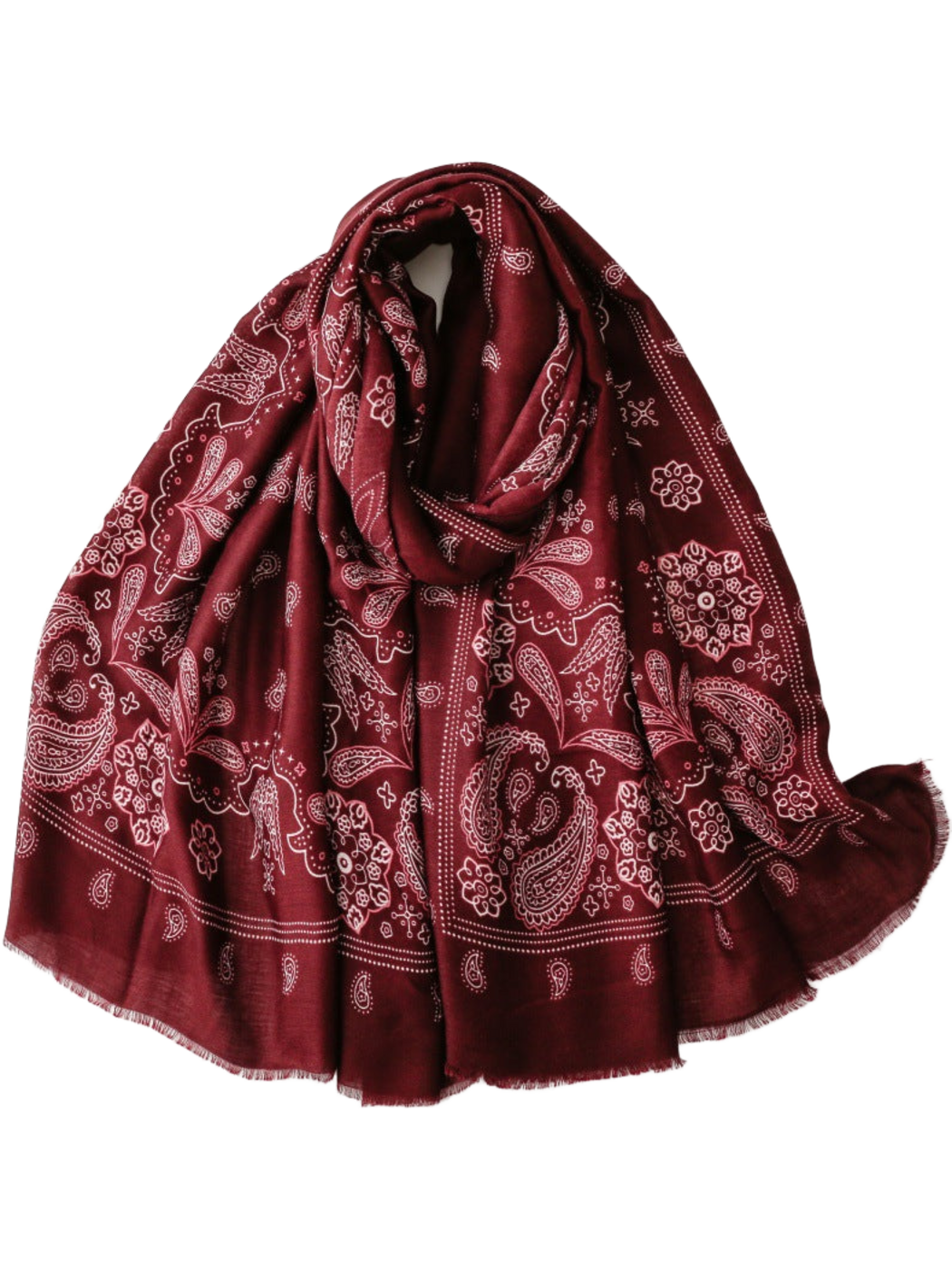 Burgundy scarf with contrasting paisley and floral motifs, looped display