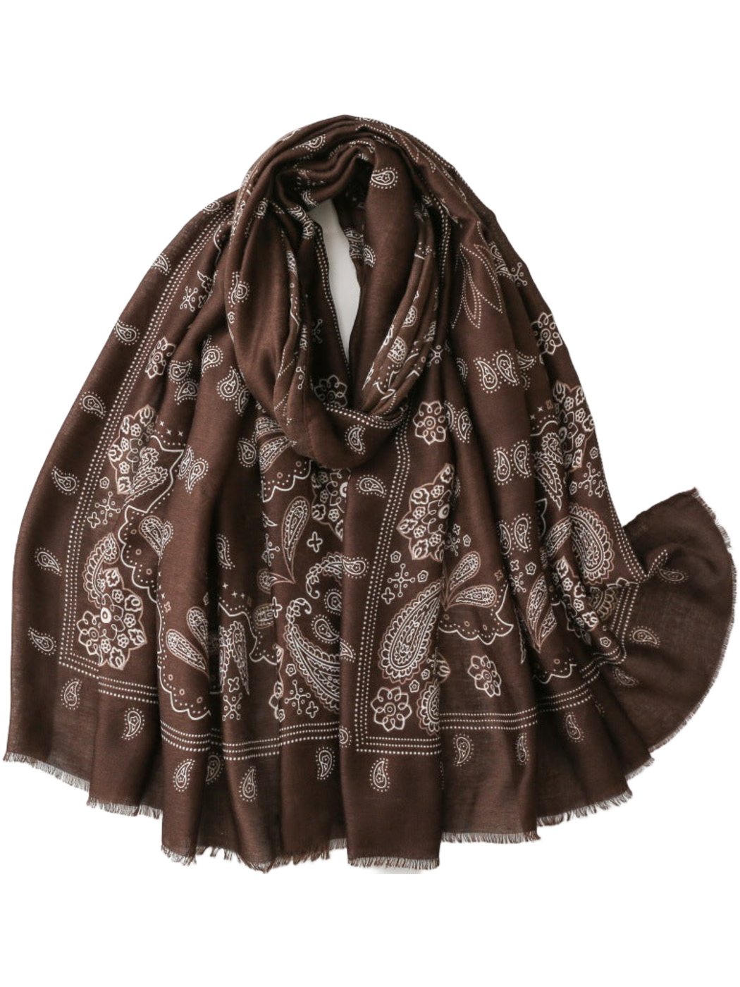 Coffee scarf with contrasting paisley and floral motifs, looped display