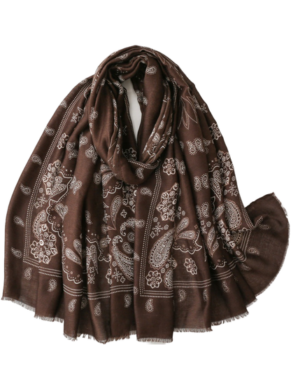 Coffee scarf with contrasting paisley and floral motifs, looped display