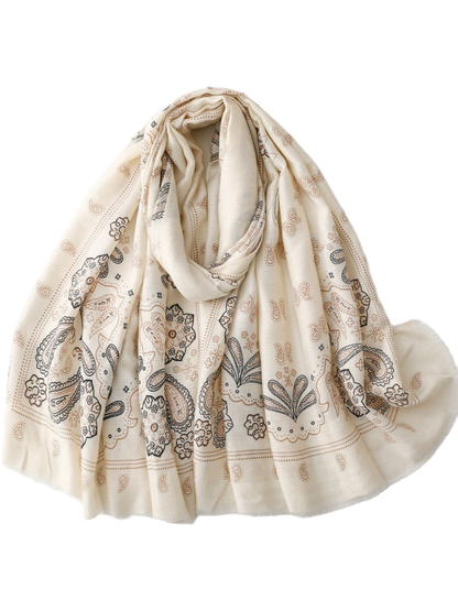 Ivory scarf with paisley and floral motifs, looped display