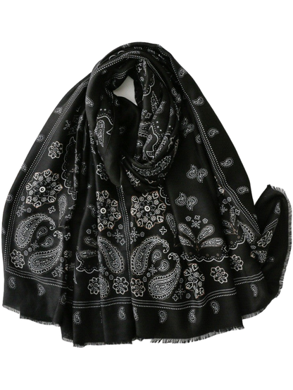 Black scarf with contrasting paisley and floral motifs, looped display