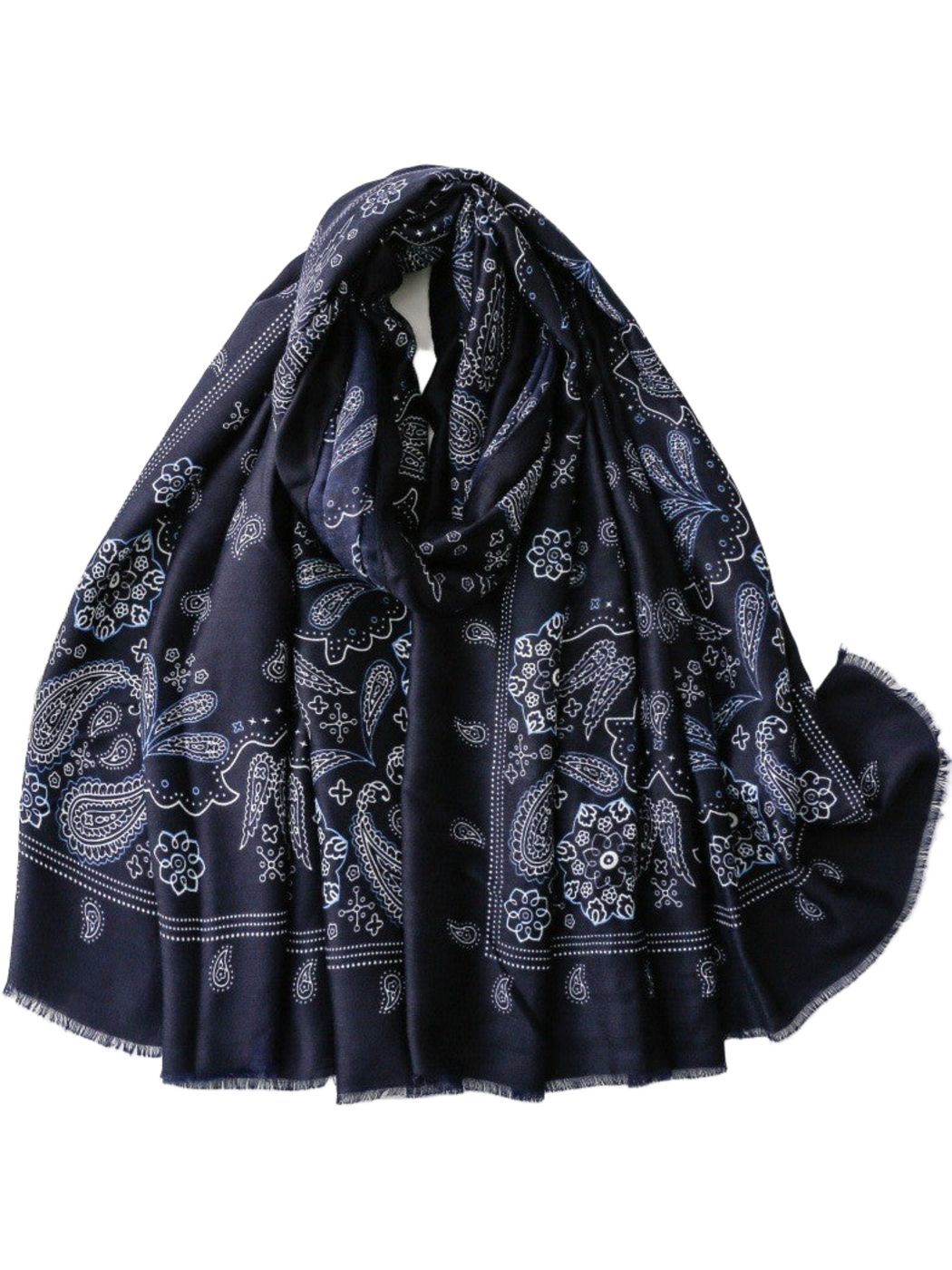 Navy scarf with contrasting paisley and floral motifs, looped display