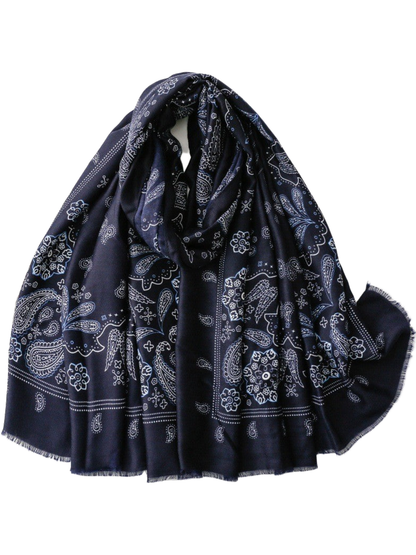 Navy scarf with contrasting paisley and floral motifs, looped display