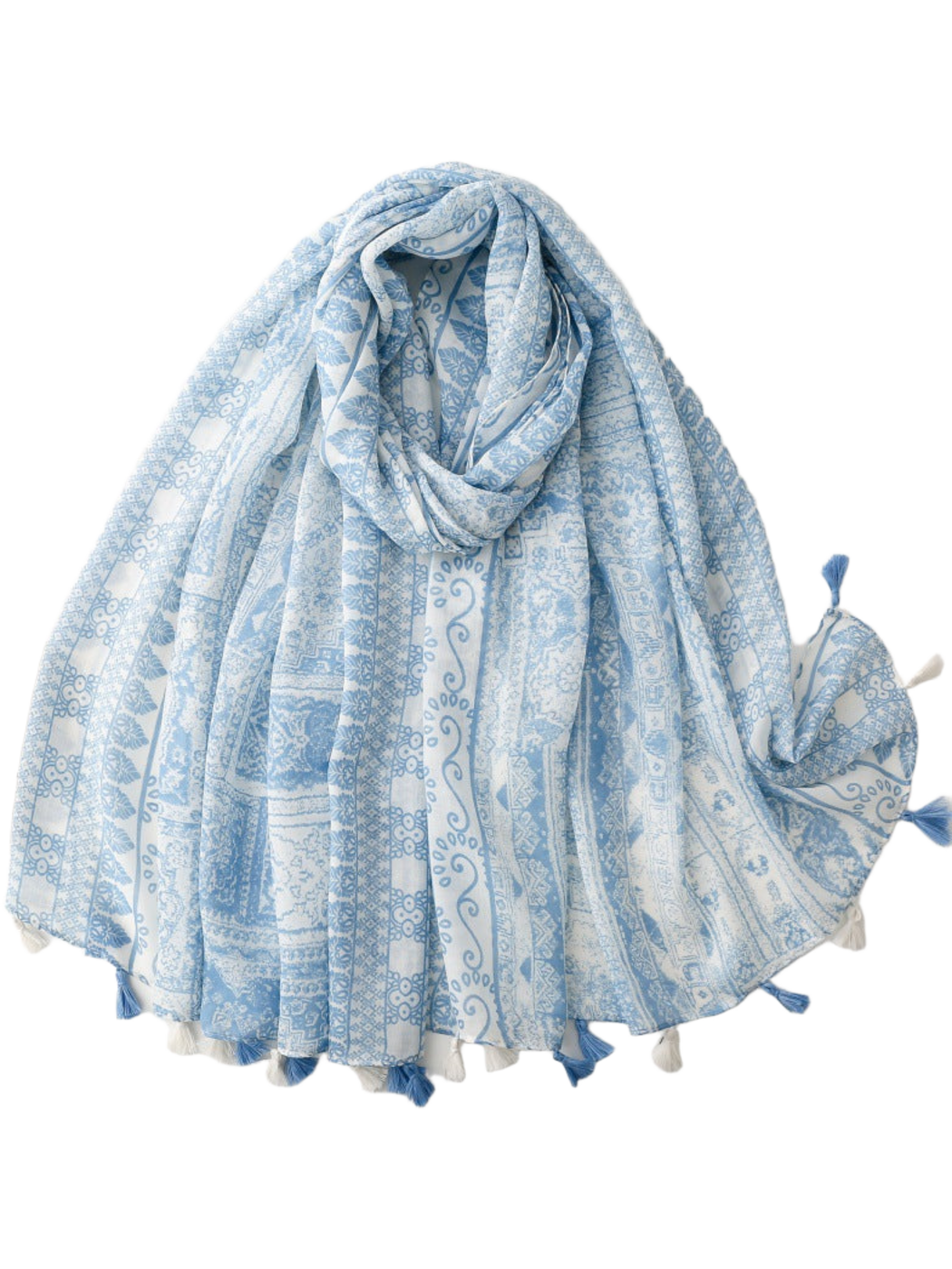 Blue scarf with ornamental panels and contrasting tassels, loosely looped