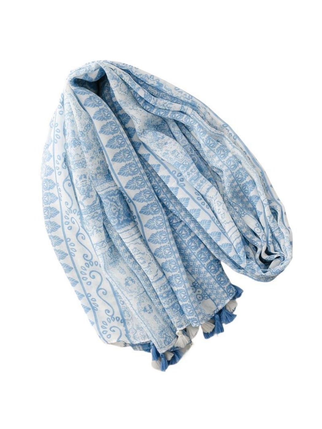 Blue and white scarf arranged in a long loop with ornamental borders and tassels