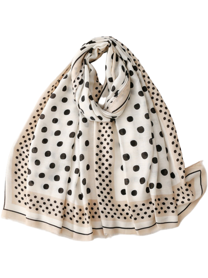 Ivory scarf with black polka dots and contrasting border bands