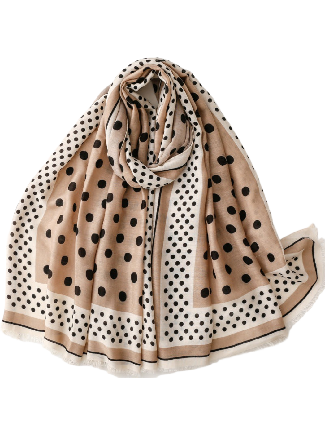 Beige scarf with black polka dots and contrasting border bands