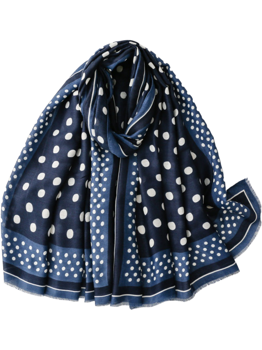 Blue scarf with white polka dots and contrasting border bands