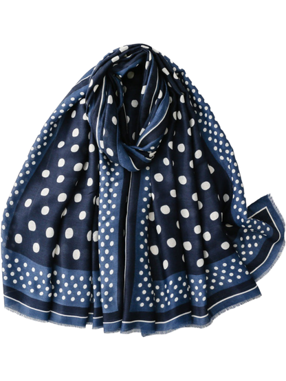 Blue scarf with white polka dots and contrasting border bands