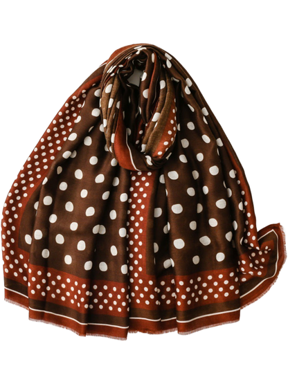 Brown scarf with white polka dots and contrasting border bands
