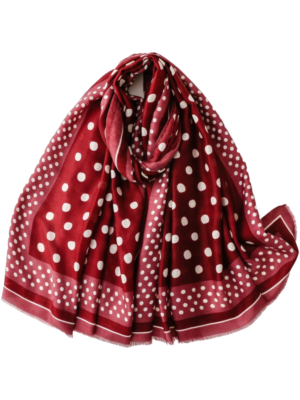 Red scarf arranged in a loop with both ends spread below