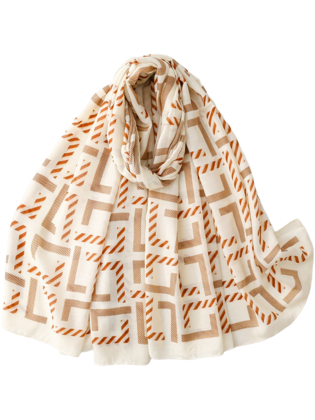 Cream scarf with tan and burnt-orange angular motifs in a broad looped arrangement