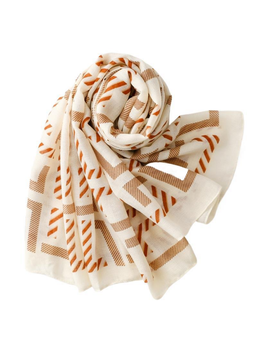 Geometric scarf arranged in a compact coil with overlapping ends