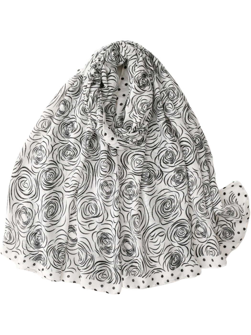 White scarf with black rose motifs and a polka dot border, looped display