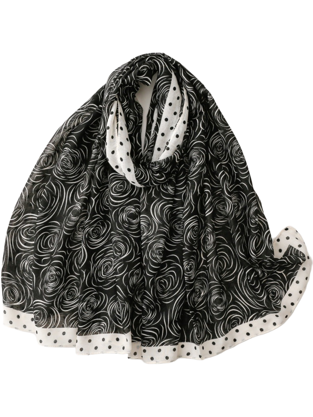 Black scarf with white rose motifs and a contrasting polka dot border, looped display