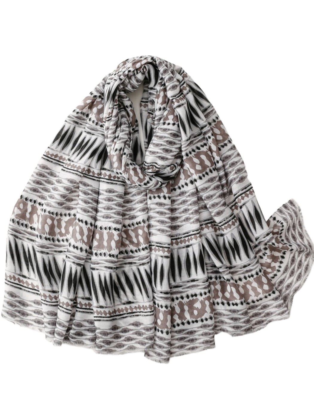 Multicolor scarf with abstract geometric bands and fringed edges, looped overview