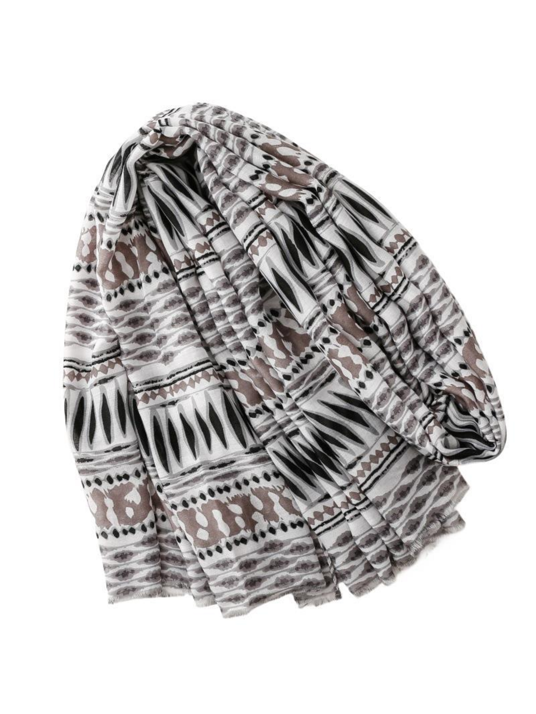 Scarf with black, gray and taupe geometric bands, draped on a white background