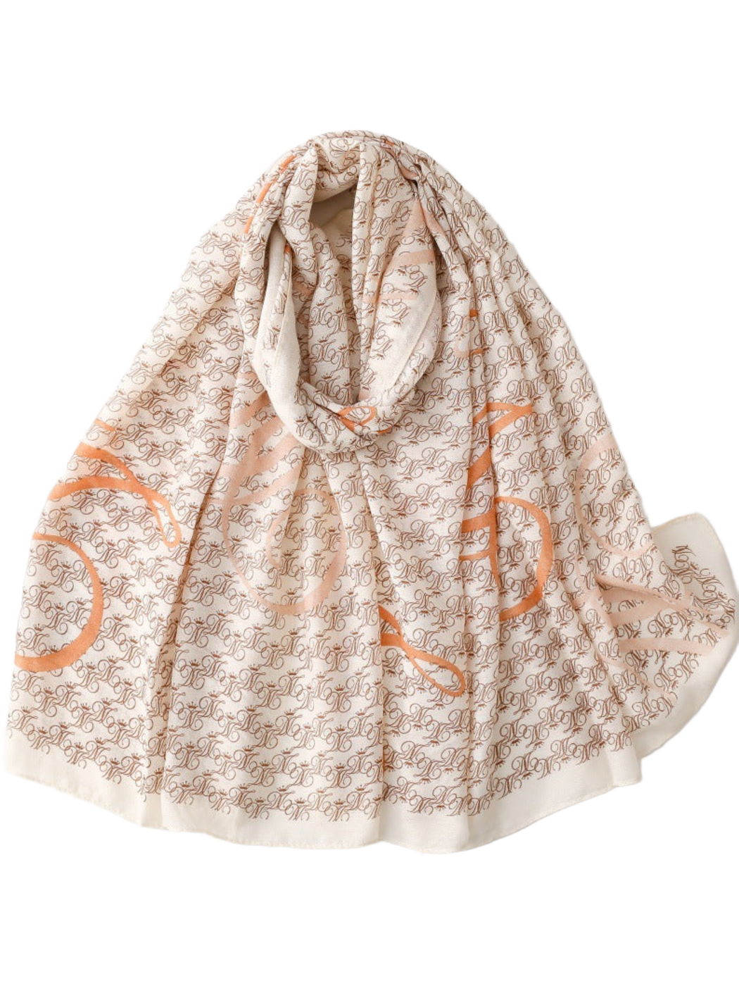 Ivory scarf draped in a loose loop with brown ornate motifs and orange scrolls