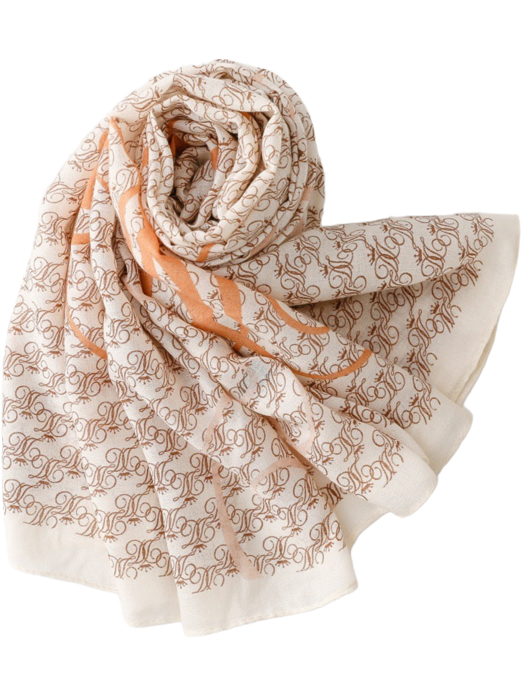 Ivory scarf arranged with a compact rolled loop and overlapping patterned ends