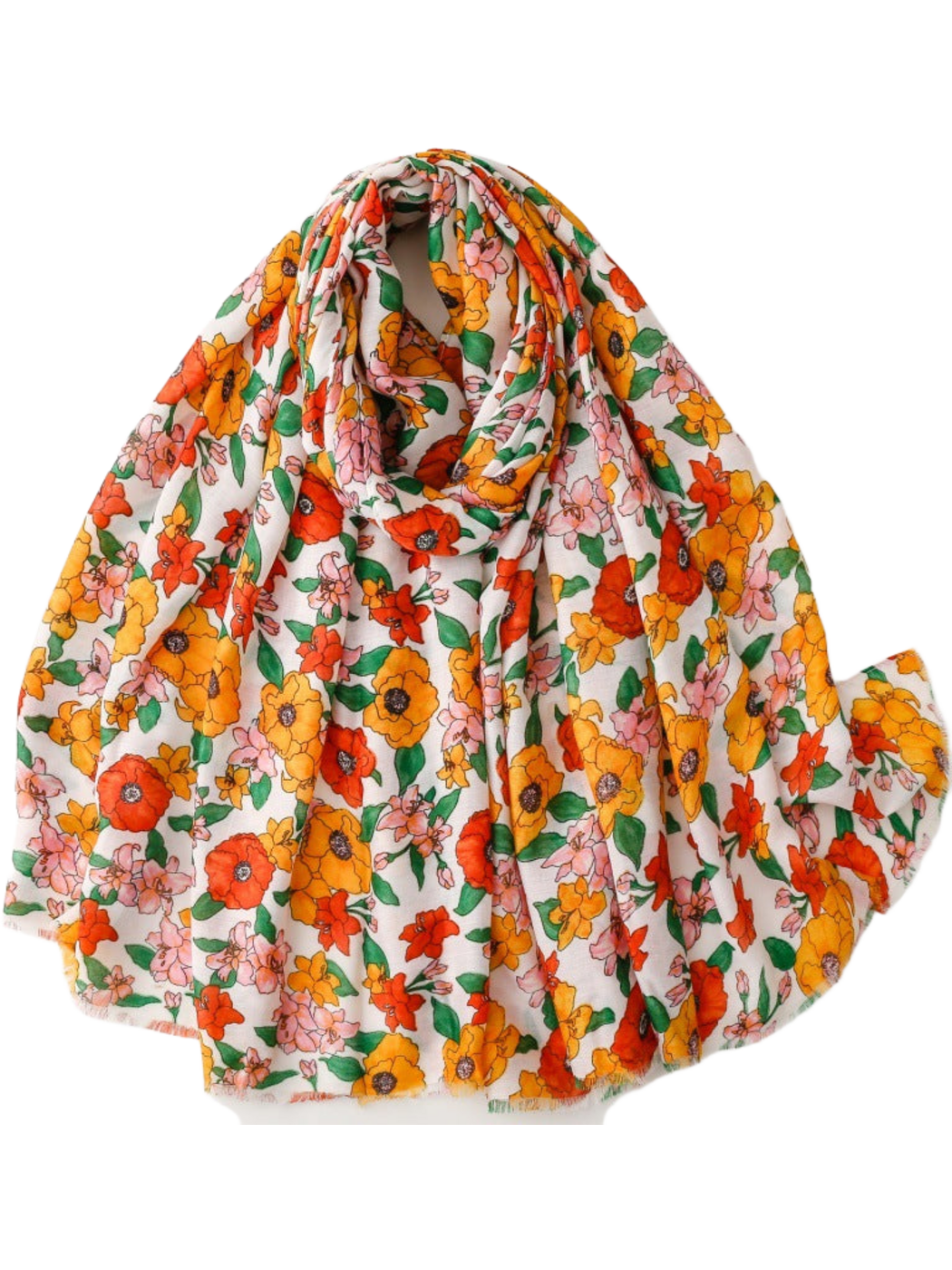 Red floral scarf with fringed edges in a looped display