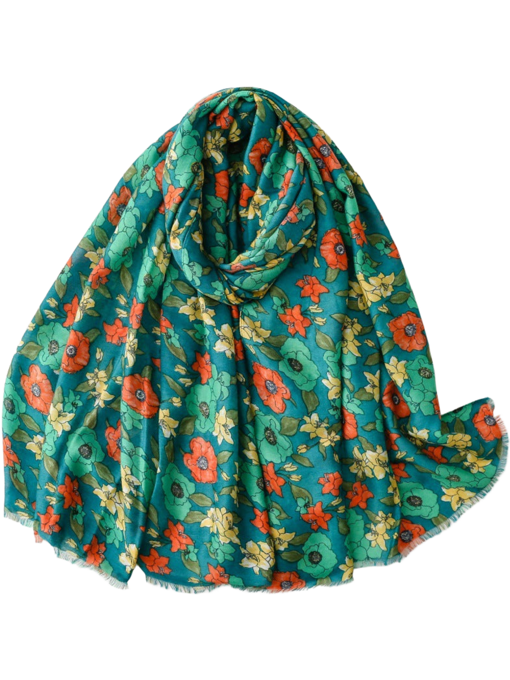 Teal Blue floral scarf with fringed edges in a looped display