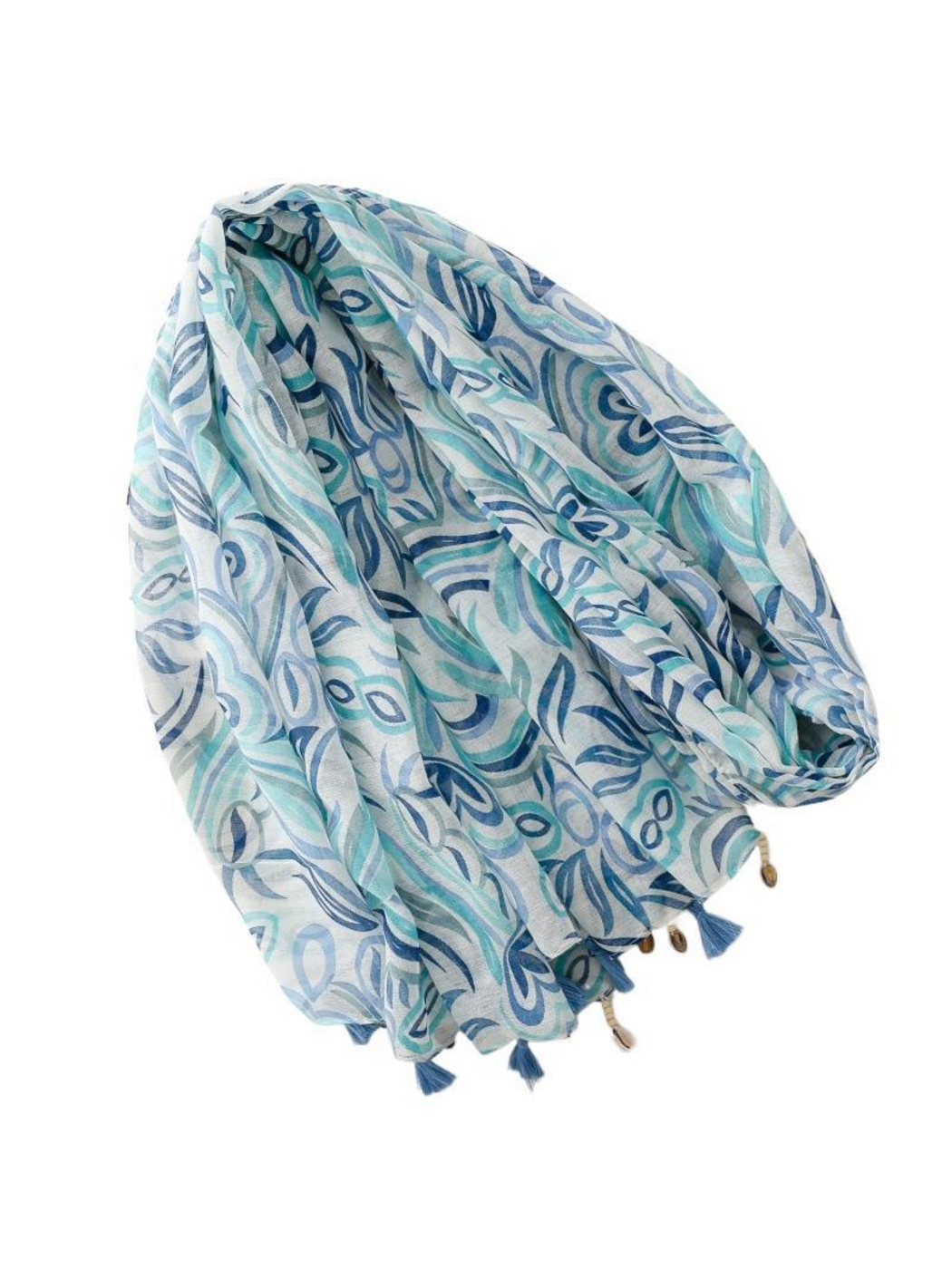 Blue scarf arranged in a dimensional loop with floral and leaf motifs, blue tassels and dangling ornaments