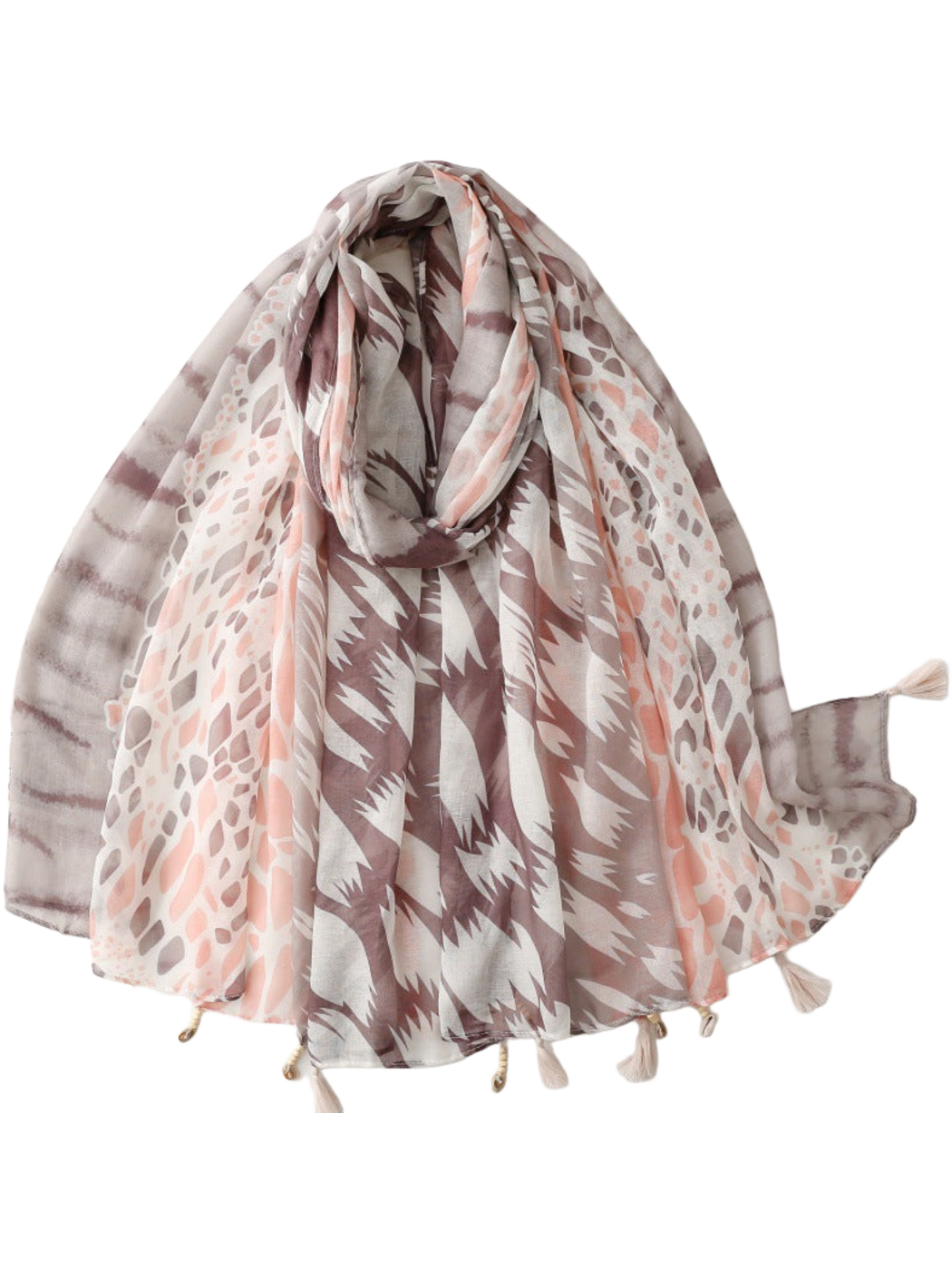 Gray scarf with pink and brown geometric panels and tassel trim, looped and draped