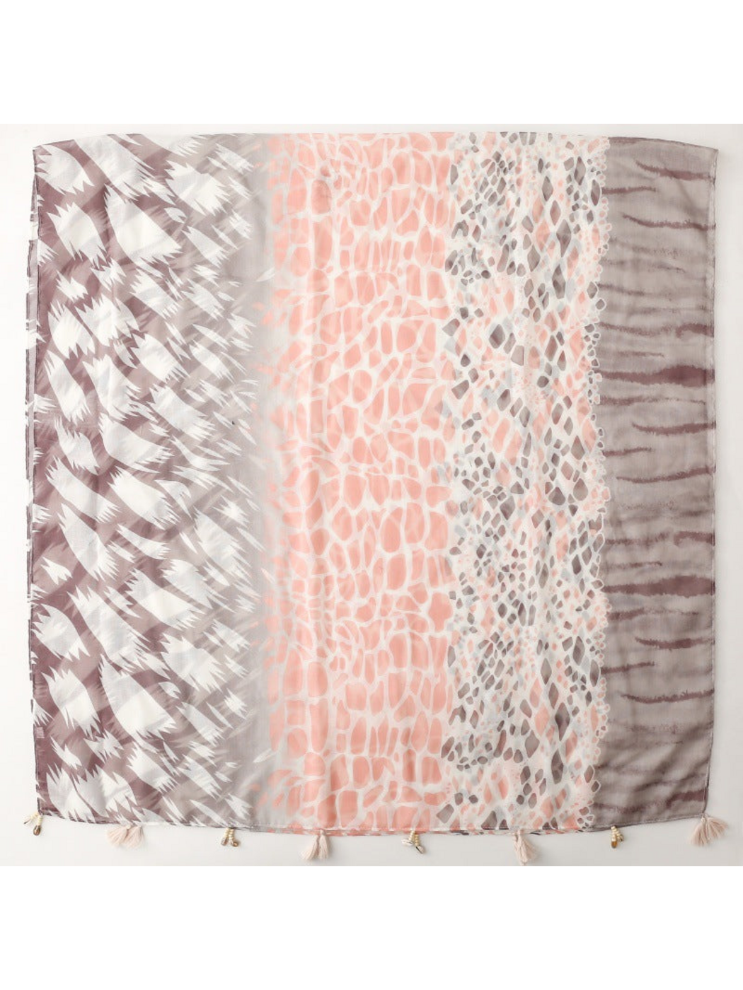 Scarf spread flat to show pink, gray and brown geometric, spotted and striped panels