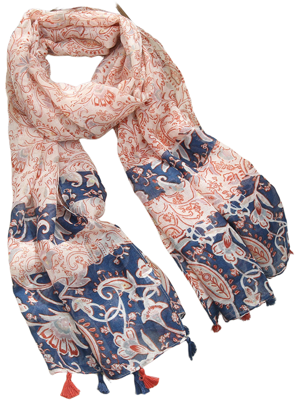 Pink paisley and floral scarf with contrasting navy panels and tassel trim, looped display