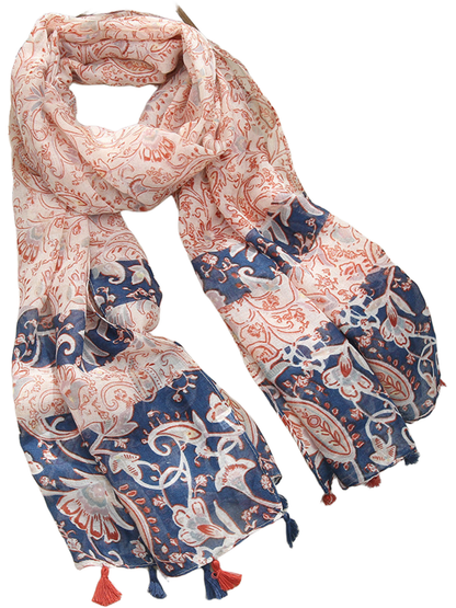 Pink paisley and floral scarf with contrasting navy panels and tassel trim, looped display