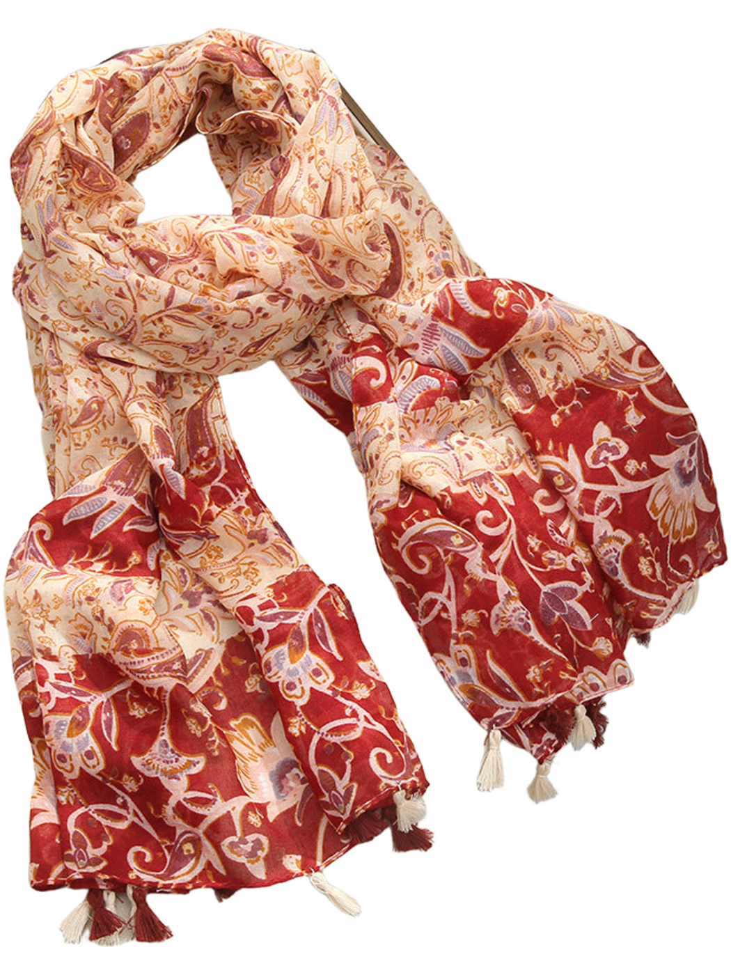 Red paisley and floral scarf with contrasting patterned panels and tassel trim, looped display