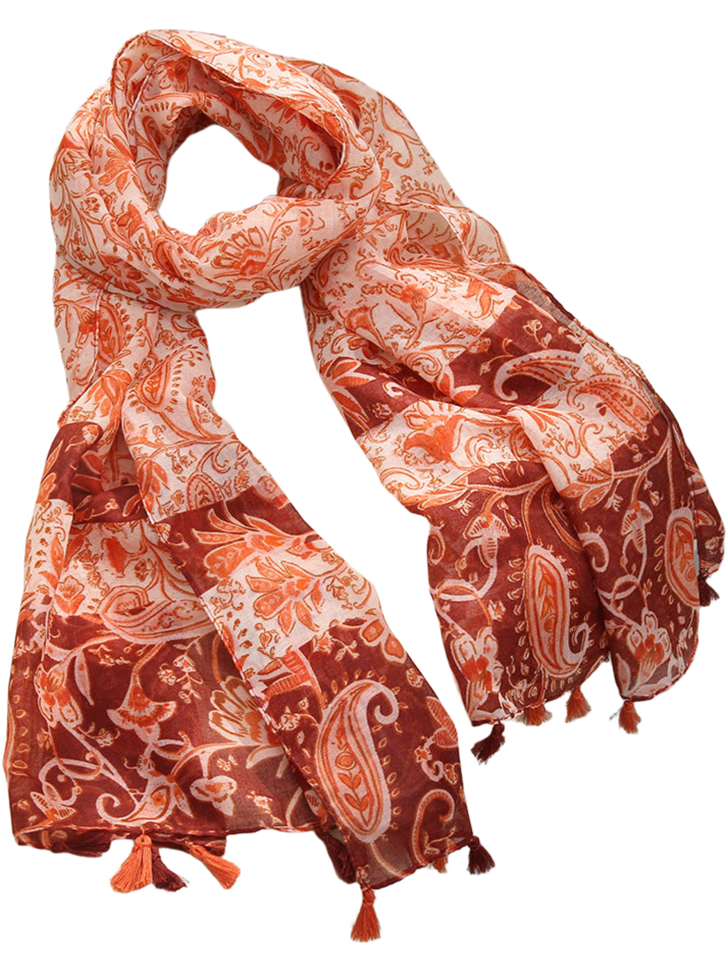 Orange paisley and floral scarf with contrasting dark red panels and tassel trim, looped display