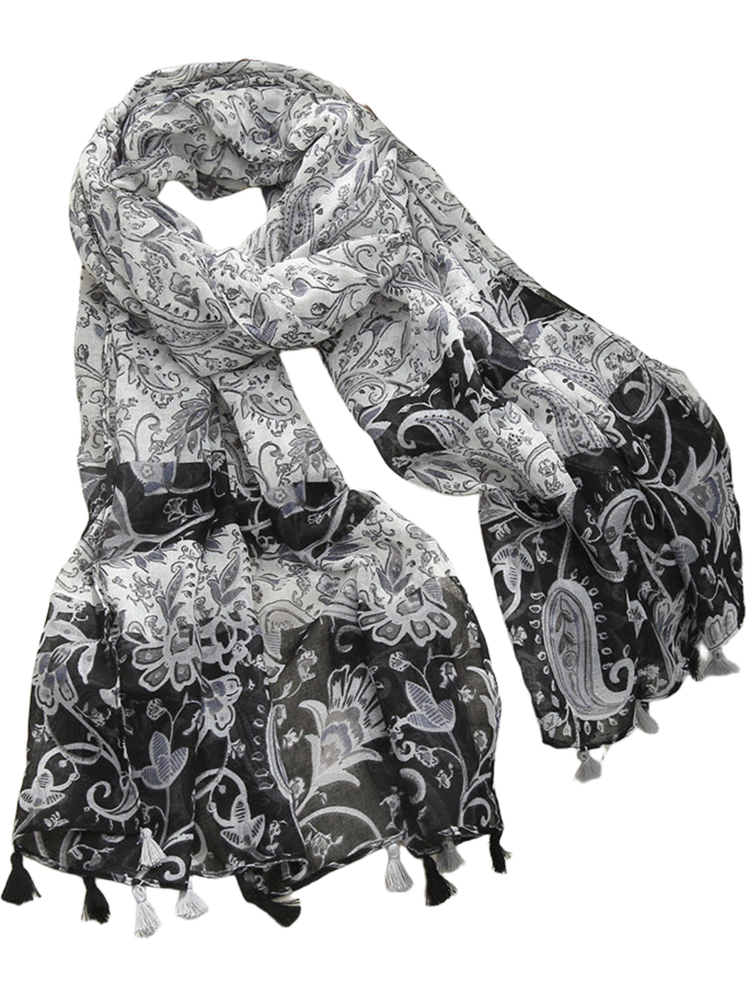 Black paisley and floral scarf with contrasting gray panels and tassel trim, looped display