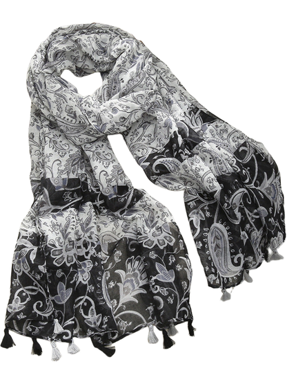 Black paisley and floral scarf with contrasting gray panels and tassel trim, looped display