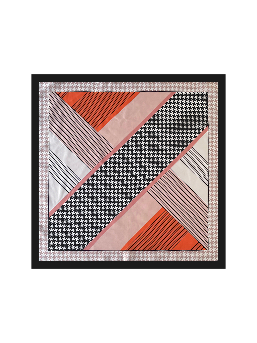 Orange square scarf spread flat, showing diagonal houndstooth panels, stripes and a black border