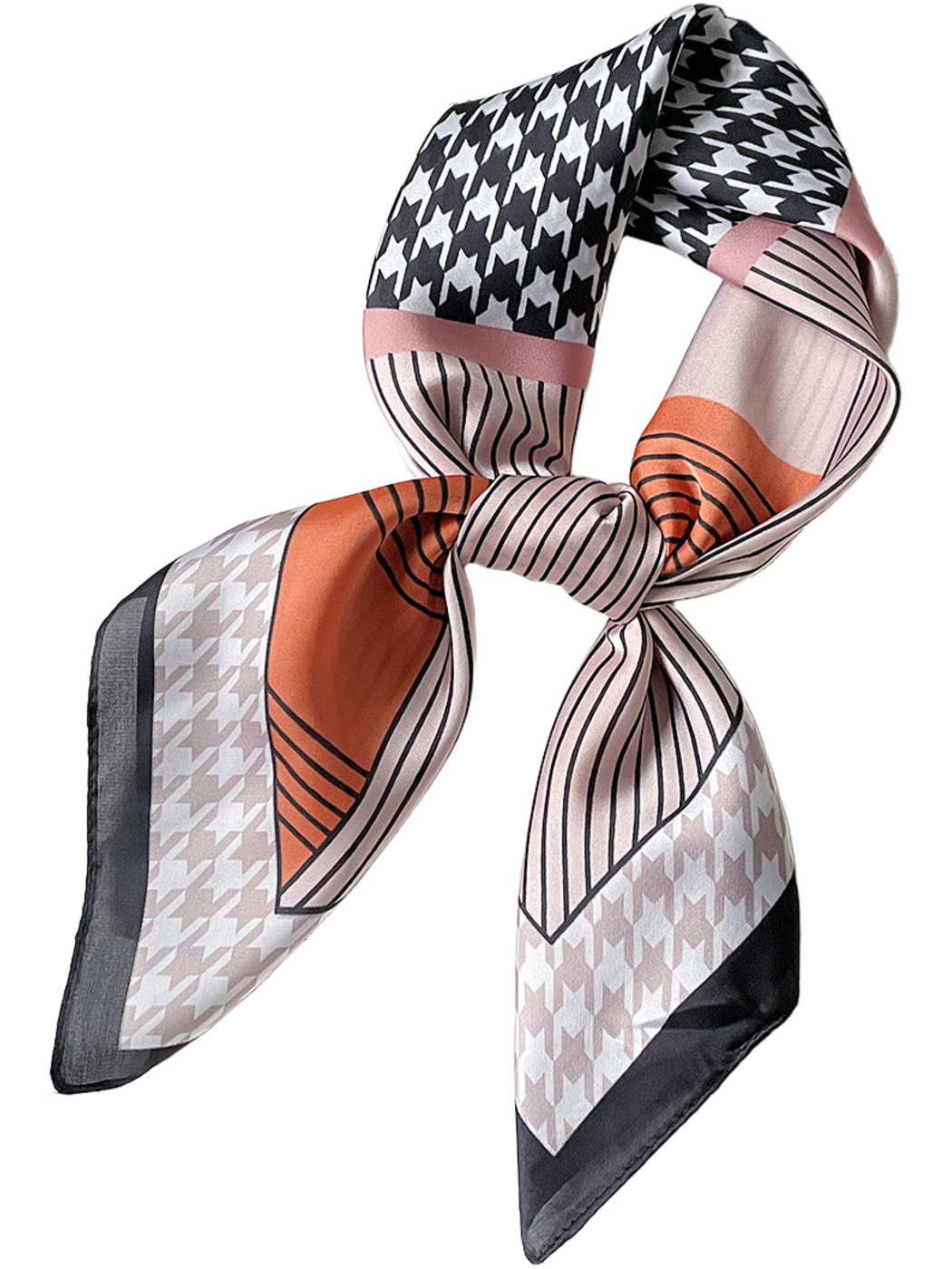 Orange scarf tied in a loop with houndstooth panels, fine stripes and black-edged tails