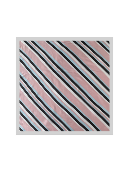 Pink square scarf spread flat with diagonal multicolor stripes