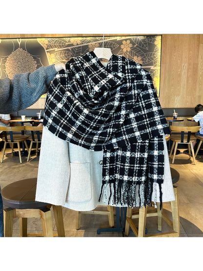 Scarvii - Textured Grid Plaid Fringed Winter Scarf
