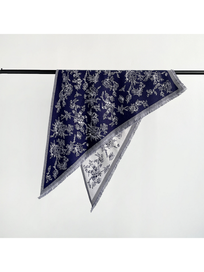 Navy floral triangle scarf with striped border, fringe and cream reverse