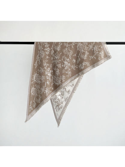 Beige floral triangle scarf with striped border, fringe and cream reverse