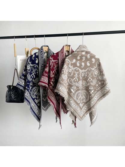 Navy, Red and Khaki paisley scarves displayed together with a broad triangular back view