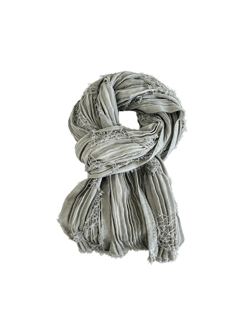 Gray scarf looped on white, showing crinkled texture, openwork bands and fringed edges
