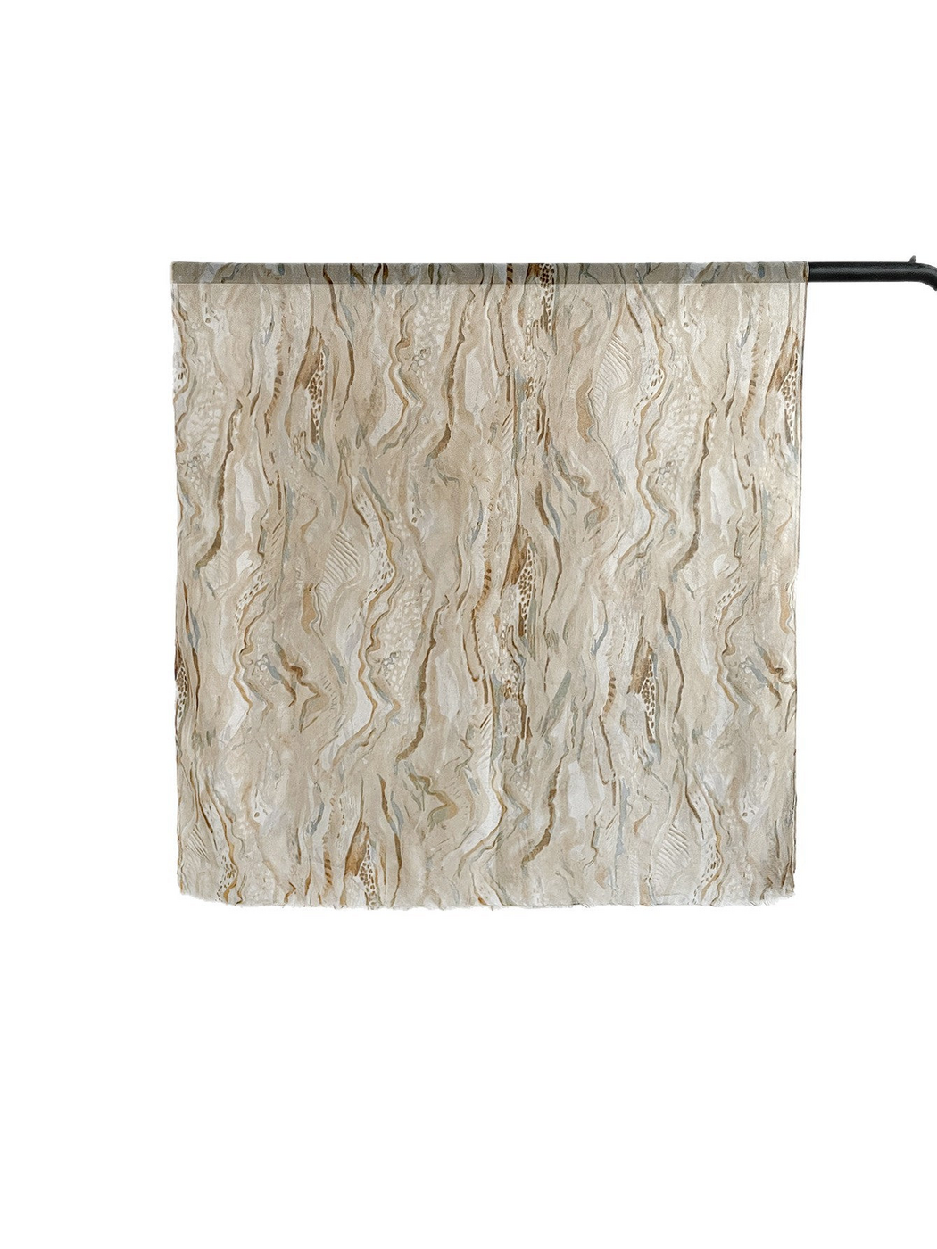 Beige scarf hanging flat with brown and muted blue-gray marbled pattern
