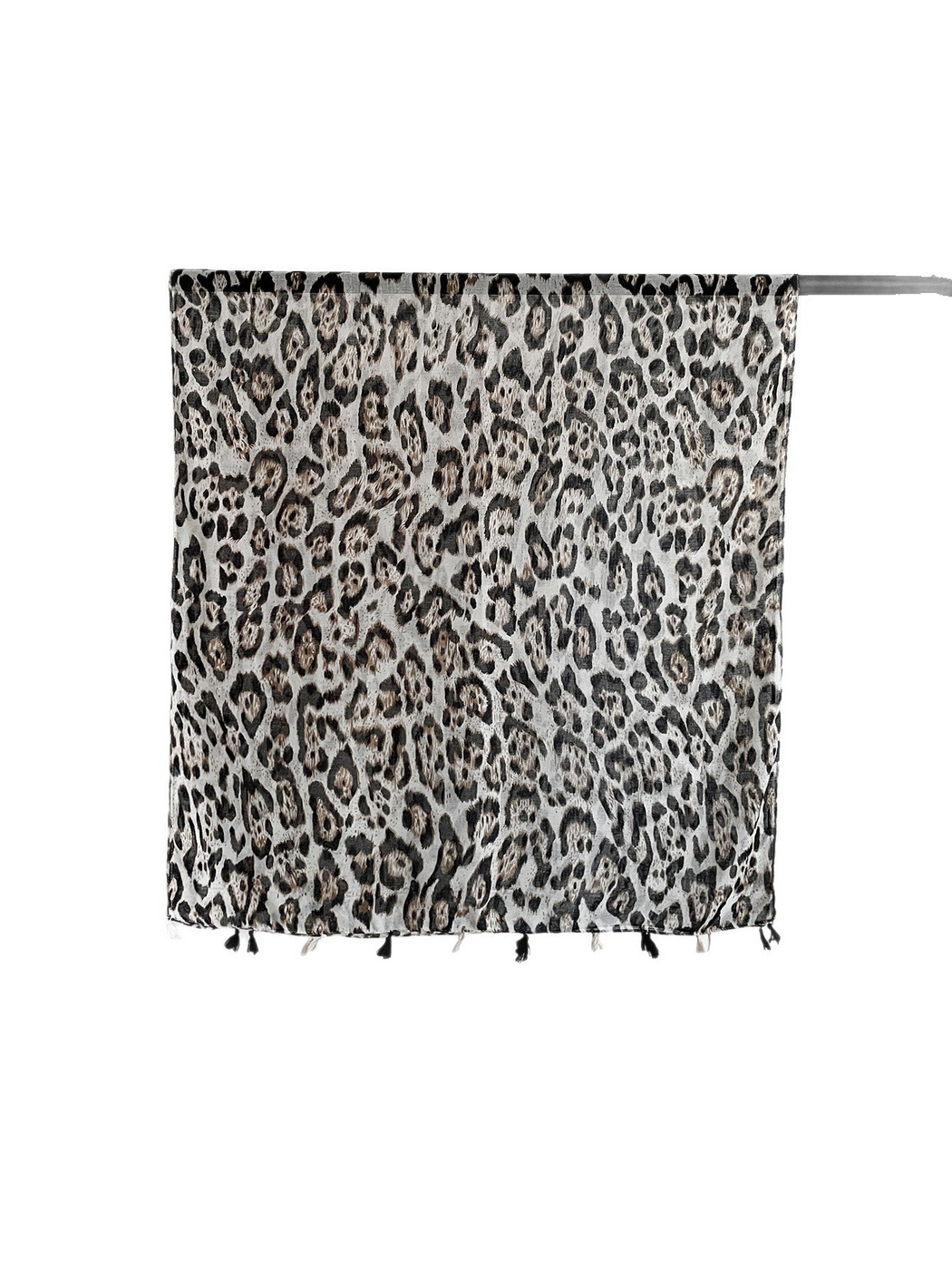 Multicolor leopard-print scarf displayed flat with tassels along the lower edge