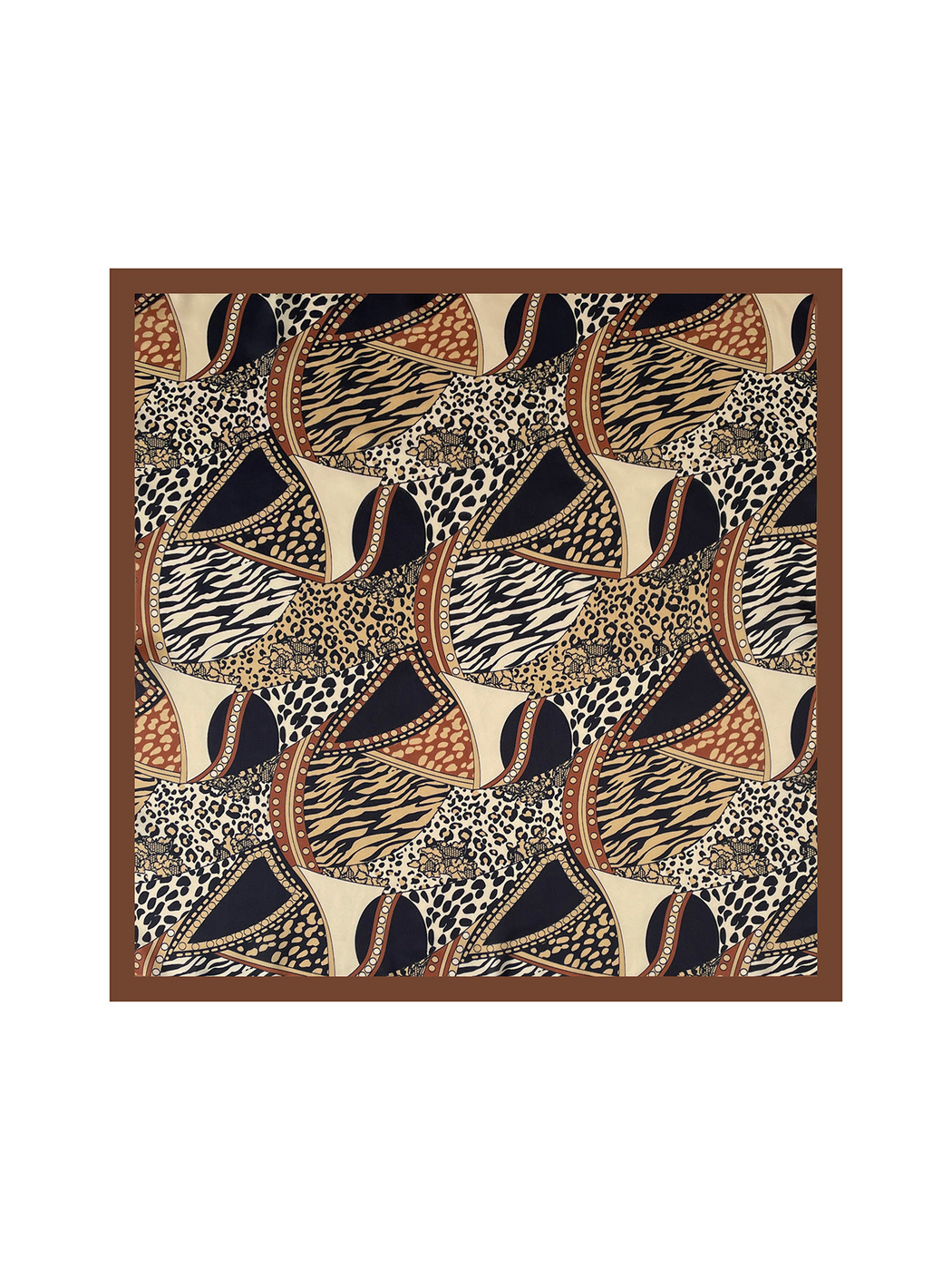 Orange square scarf laid flat, showing animal-print patchwork and a brown border